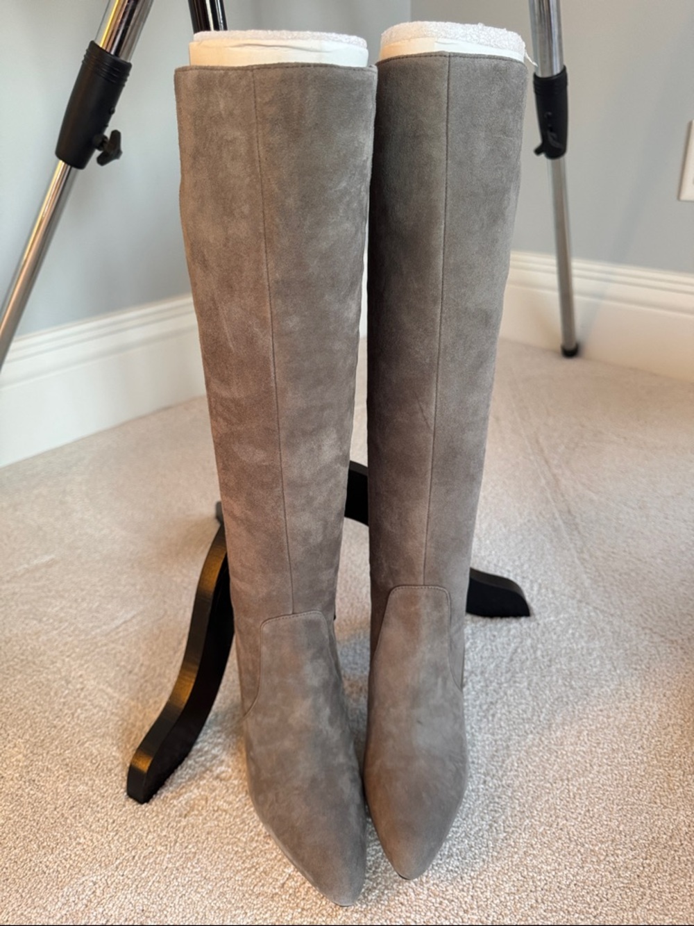 New in box. Via Spiga Gray Suede Pointed-Toe Boots. Size 8.